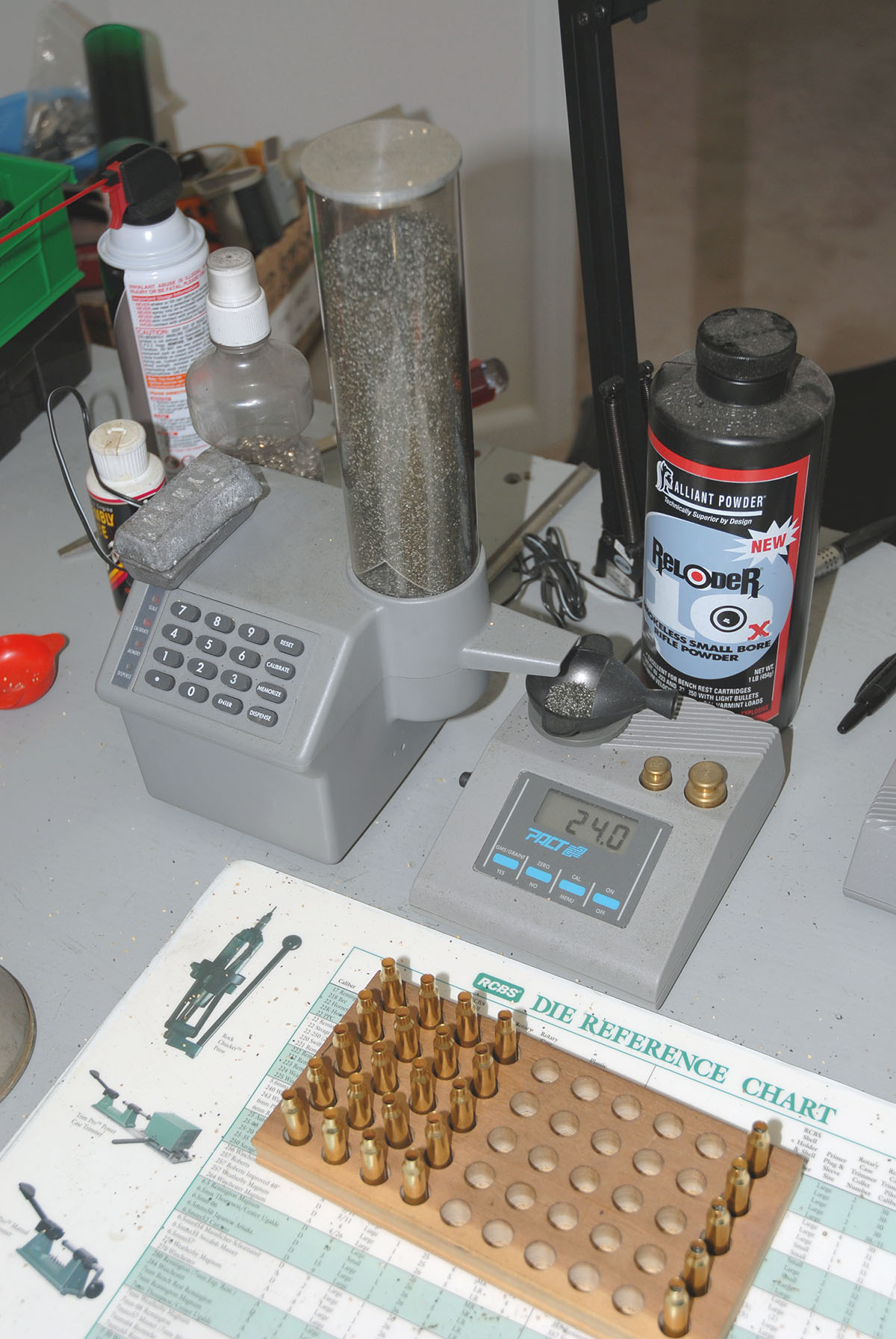 Charley settled on 24 grains of Reloder 10x for the test load with various primers.