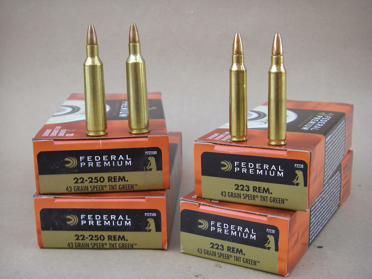 Federal Premium loads in .22-250 Remington and .223 Remington feature 43-grain Speer TNT Green bullets.