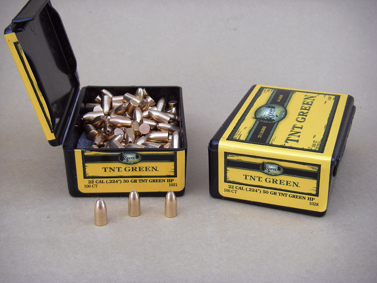 Speer offers 30-, 43- (not shown) and 50-grain .22-caliber TNT Green HP varmint bullets.