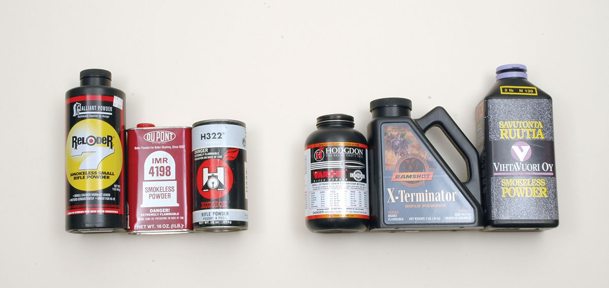 In this .223 Remington  reloading project, Mike used three favorite powders (left) along with three new-to-him powders (right).