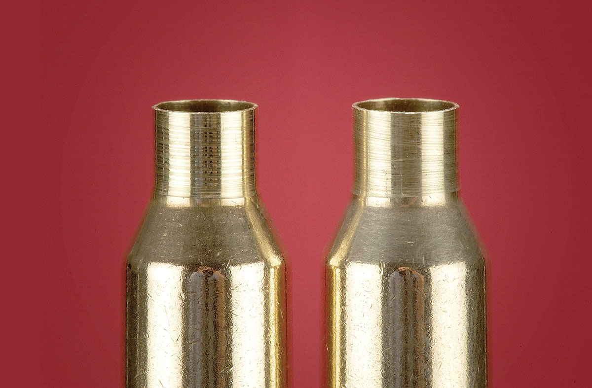 When using the neck turning tool, set your own pace to achieve a smooth  cut like the case on the right. The case on the left was done too fast and with inward pressure. It looks like threads on a bolt.