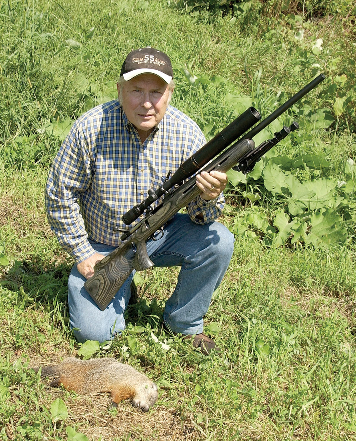 With the lighter 32-grain bullet, Trzoniec got this smaller chuck at just under 100 yards. The bipod is a great asset in the field when shooting in the prone position.