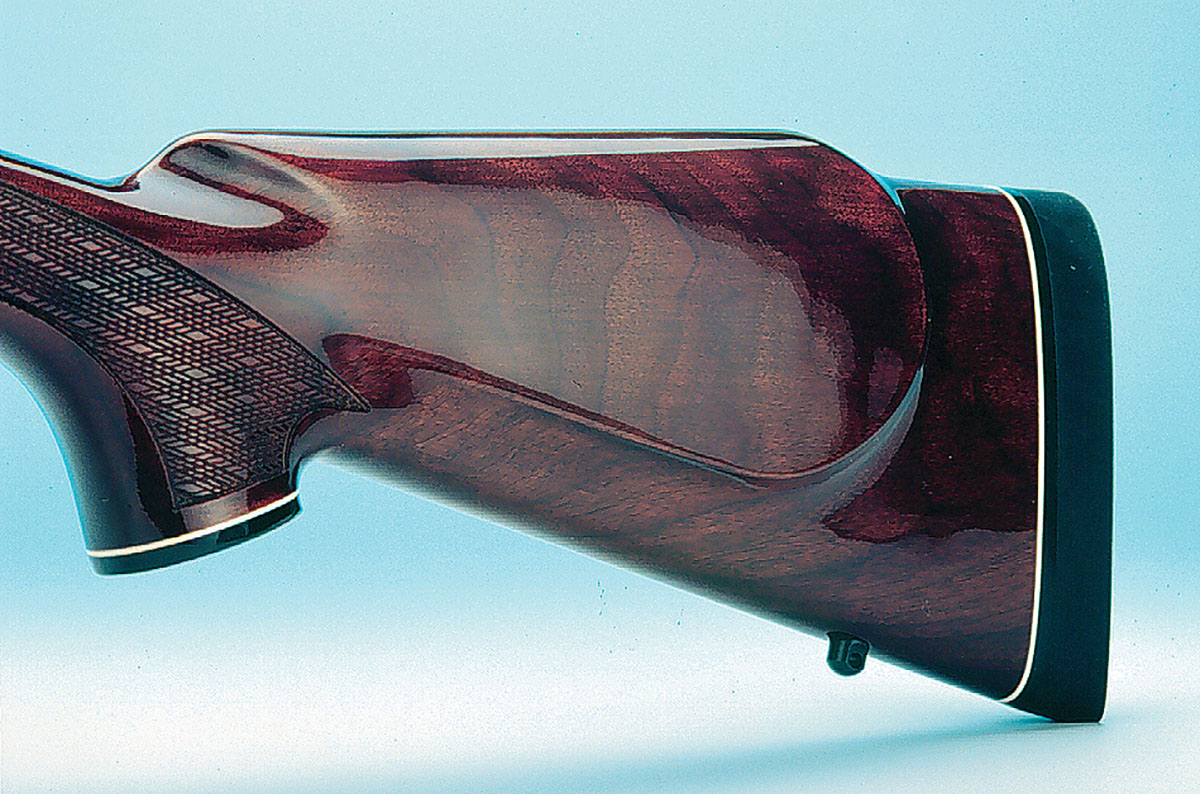 The one thing that is always missing on the lighter calibers is the recoil pad; Stan had one installed to his  customary 131⁄2-inch pull.
