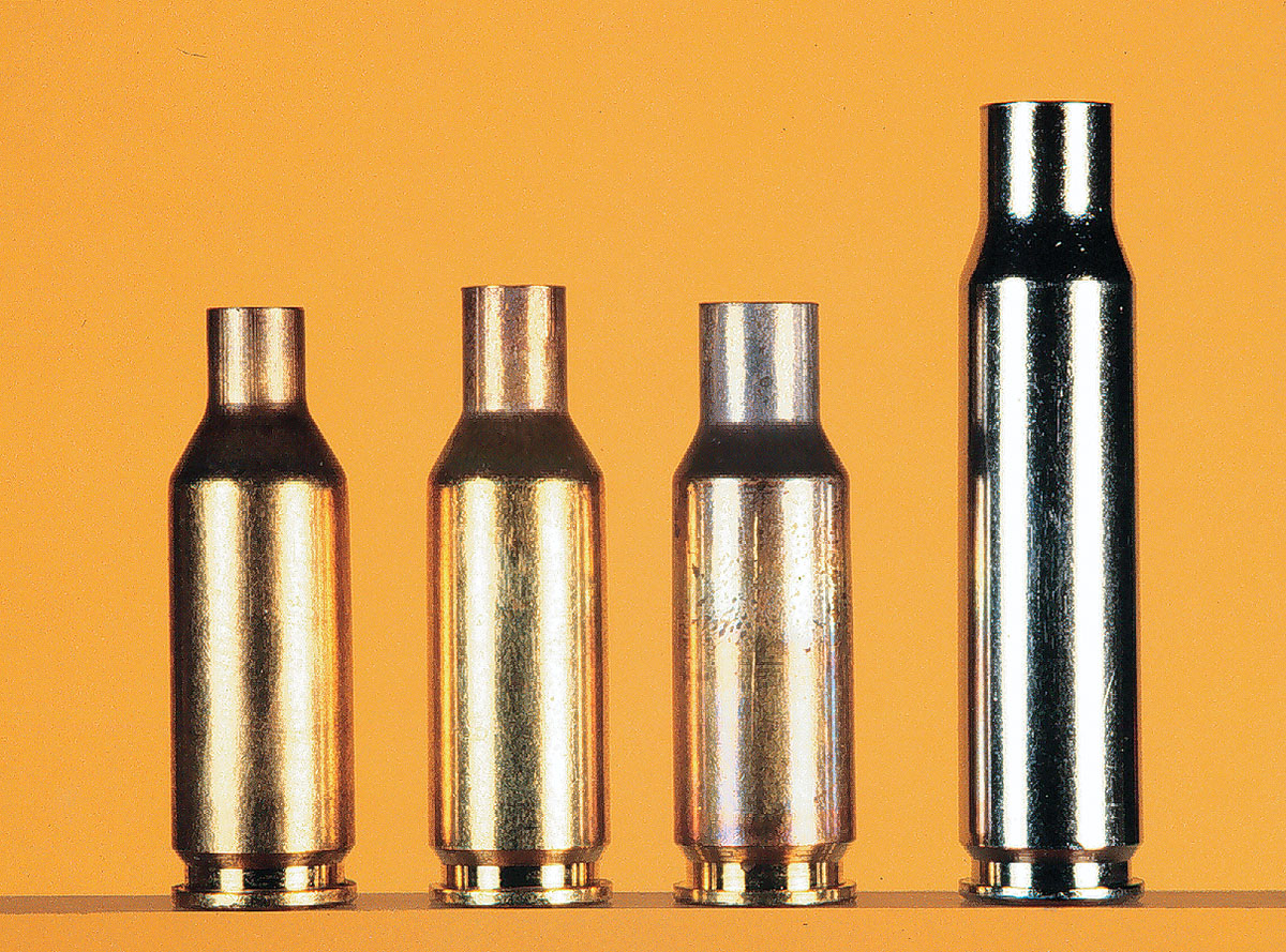 The .22, 6mm and 7mm BR cases are shown with the basic .308 case that was once available from Remington for forming the BR series.