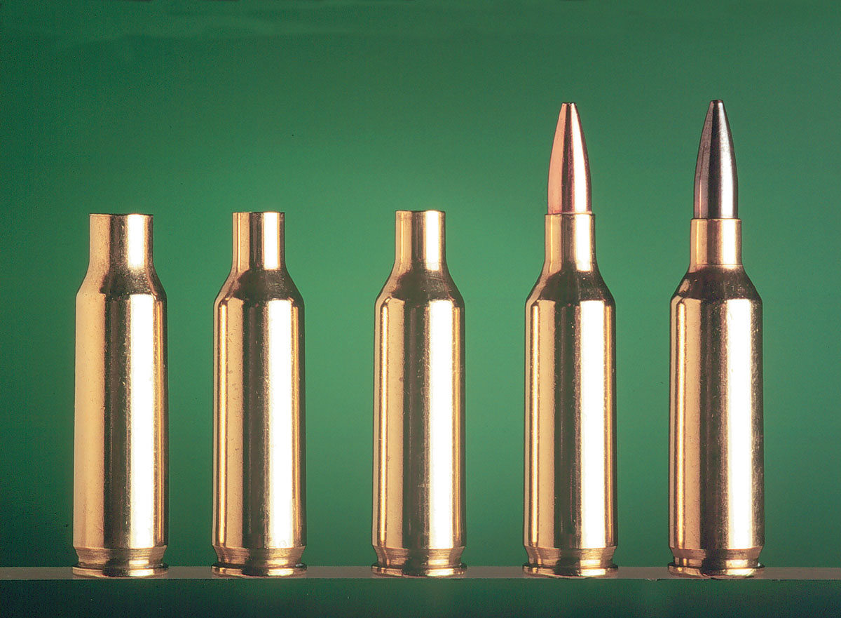 The .17 Mach IV is ready to load after three operations (from left): the parent factory .221 Fireball is run through the form die, a trim die and finally a full-length sizing die, then loaded. The case at far right has been fireformed in a Cooper rifle, then neck sized.