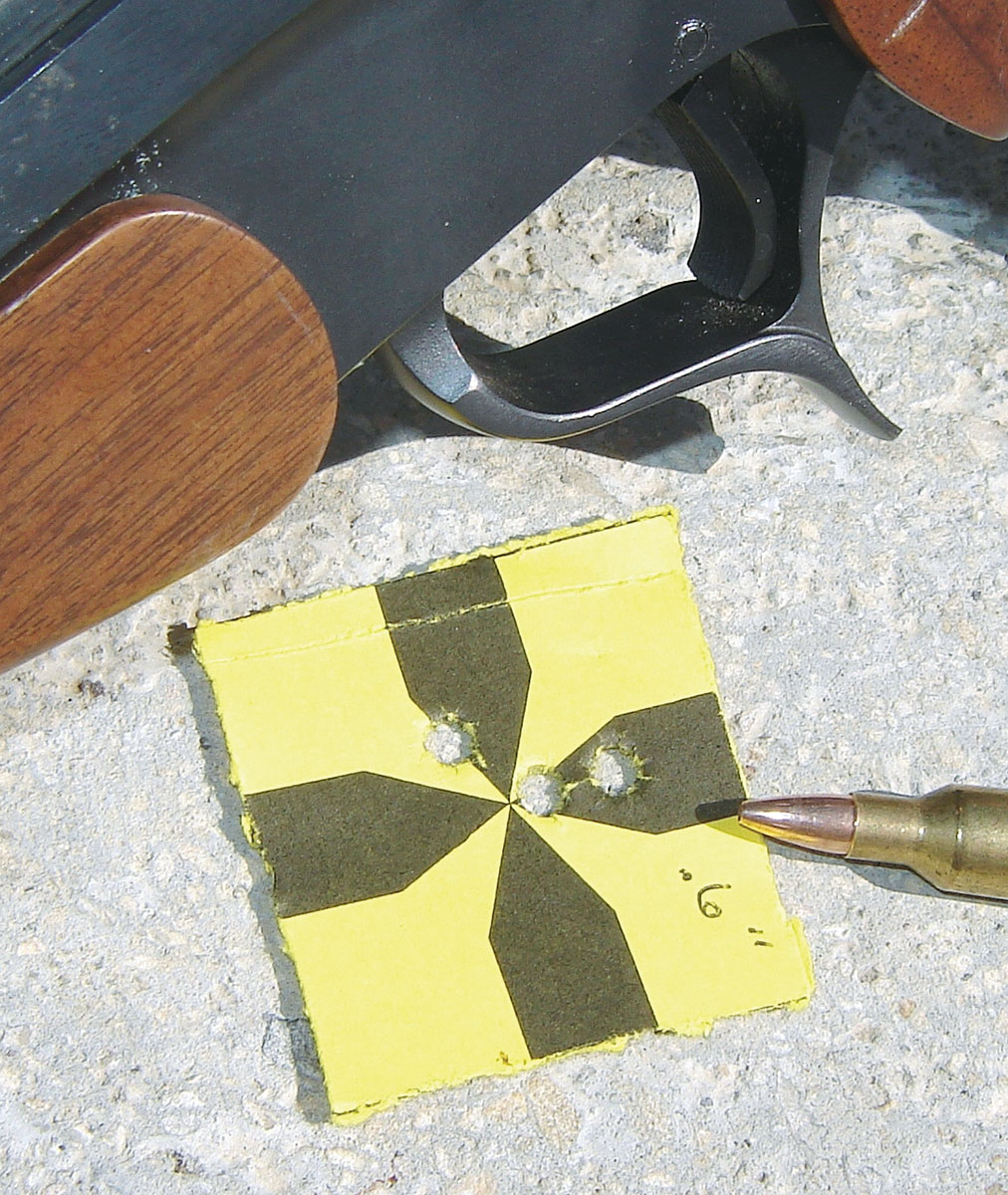 This .60-inch, 100-yard group was made with a T/C Encore pistol loaded with 36-grain Varmint Grenades ahead of 39.0 grains of RL-15.