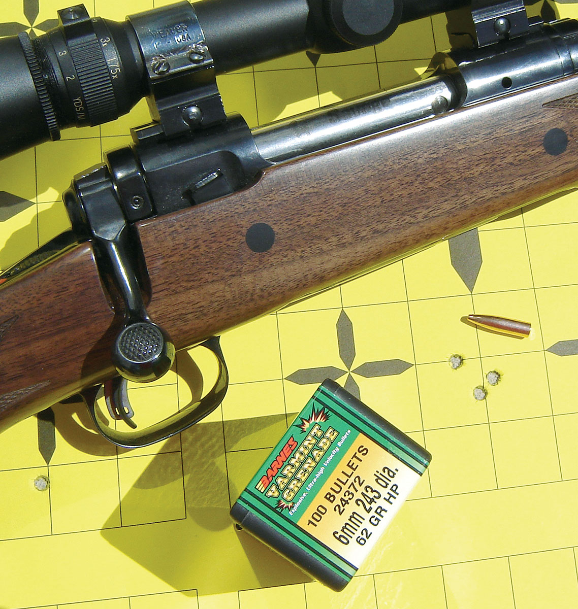 The Savage Classic Model 10 243 sporter produced .59-inch, 100-yard groups with Varmint Grenade handloads.