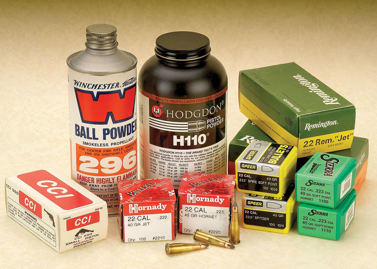 To prepare for shooting, all components such as powder, bullets, cases and primers are readily available to load the 22 Remington Jet.