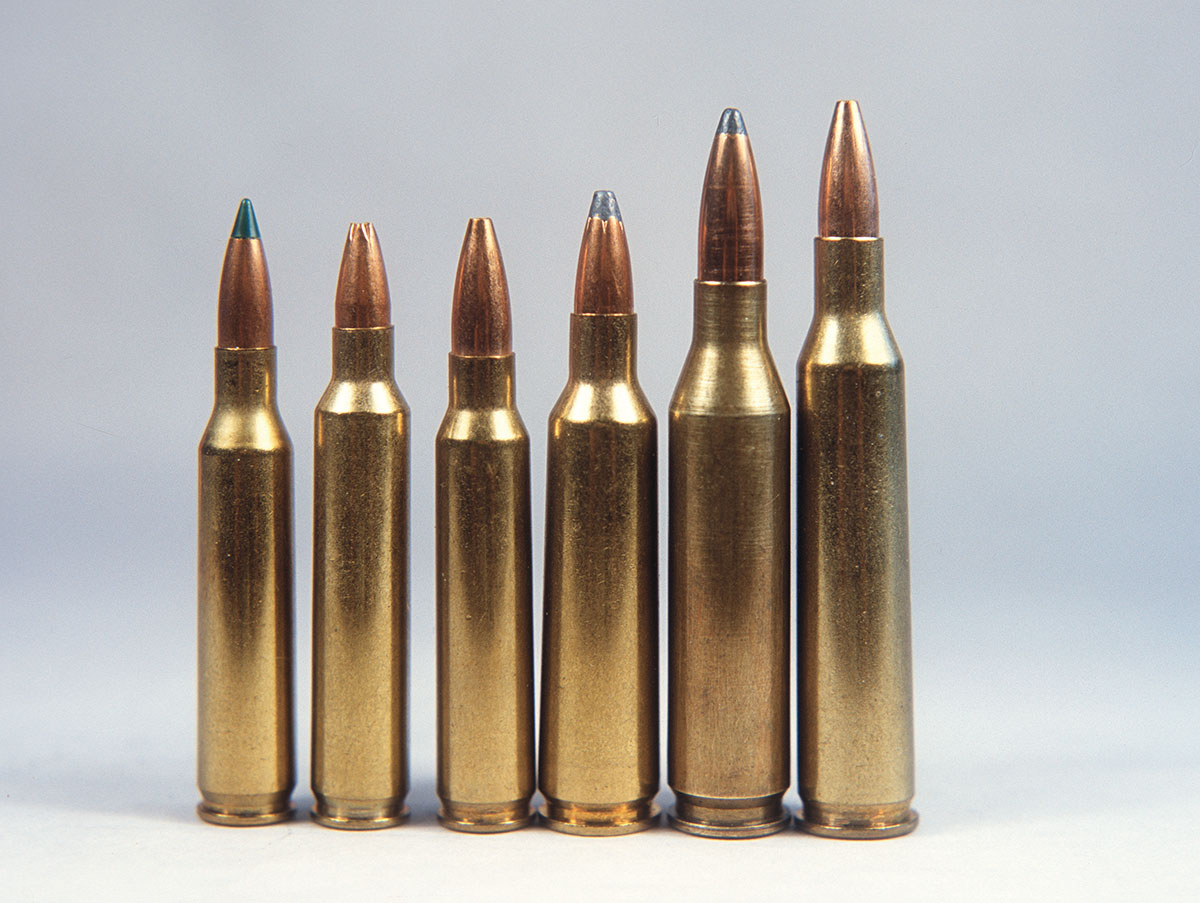 Dick has used numerous varmint cartridges, but his favorites include (left to right): 20 Tactical, 204 Ruger, 223 Remington, 22-250 Remington, 243 Winchester and 220 Swift.