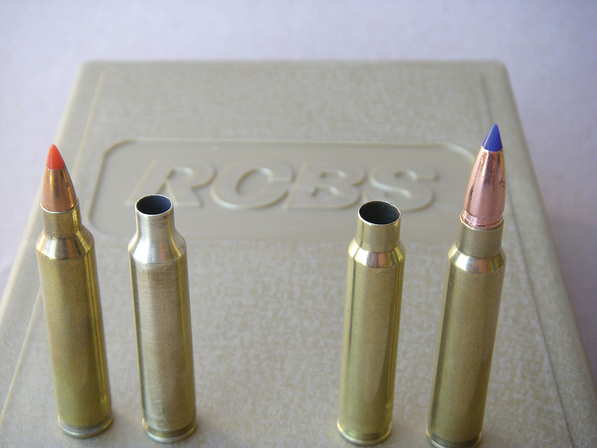 The 204 Ruger case is at left and the 6mm-204 RR is at right. The wildcat cases are easily formed in a single neck-up step.