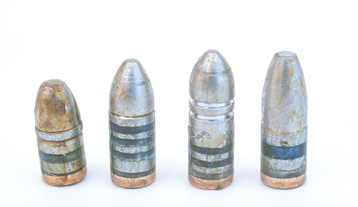 These .22-caliber cast bullets were used in the 223 and 22-250 Remingtons to develop an inexpensive gopher round. From the left, 45-grain NEI, 55-grain NEI, 55-grain Lyman and 55-grain RCBS.