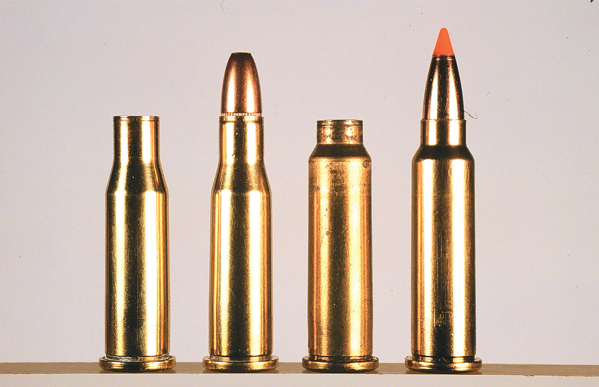 From left to right, the parent 218 Bee case is shown with a loaded 218 Bee factory round, a fireformed 218 Mashburn Bee and a loaded version.