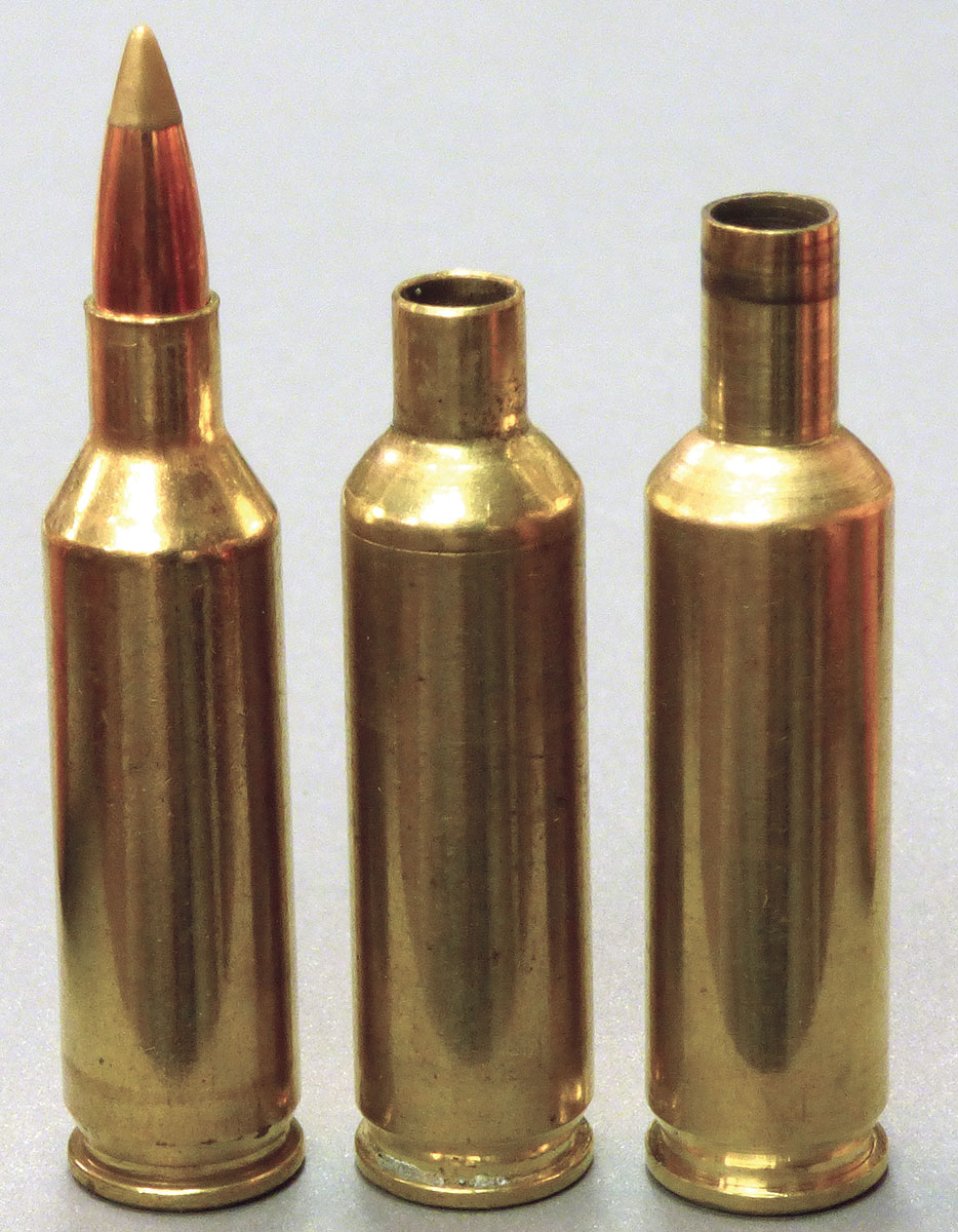 From left: factory Remington Fireball, original 17/23 SMC and a 17/23 SMC Long-Neck based on the 223 Remington Case.