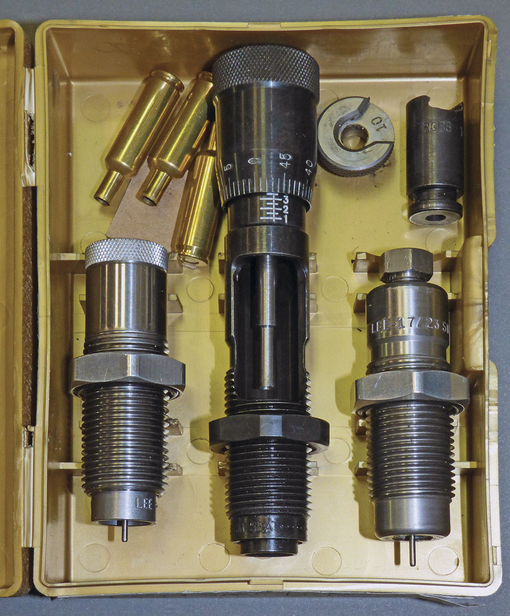 Loading dies used include, from left: a Lee Precision neck-sizing collet (custom), RCBS Gold Medal seating die and a Lee Precision sizing die (custom).