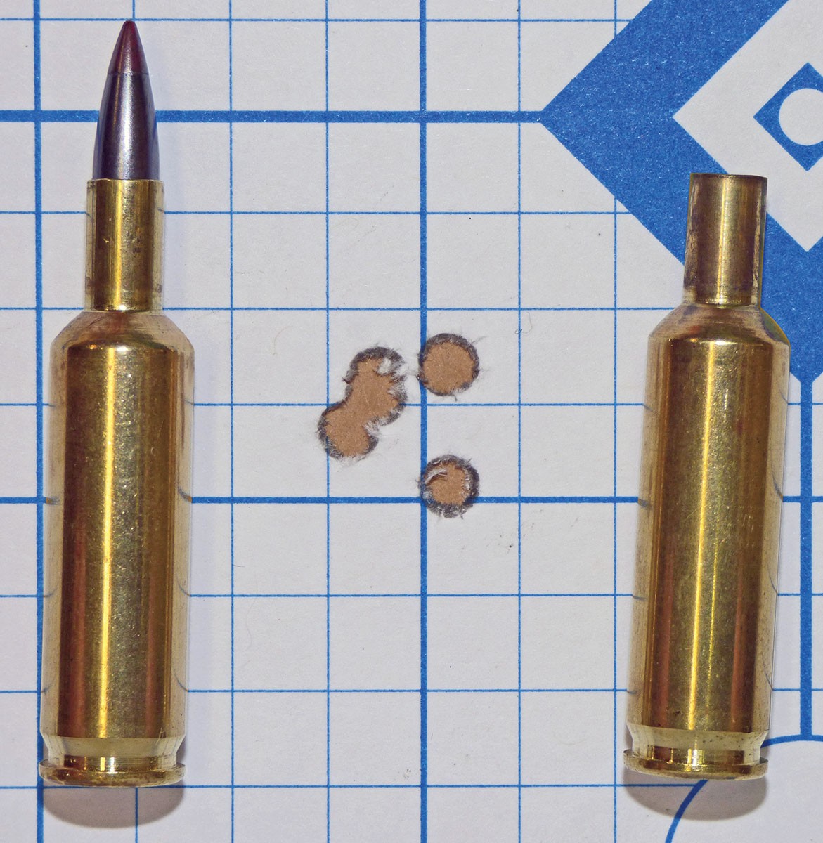 Before settling on a preferred load, Ramshot X-Terminator, Federal GM205M primers and Hornady 25-grain V-MAX bullets provided groups like this, in spite of wide velocity spreads. A chronograph doesn’t always tell the entire story.