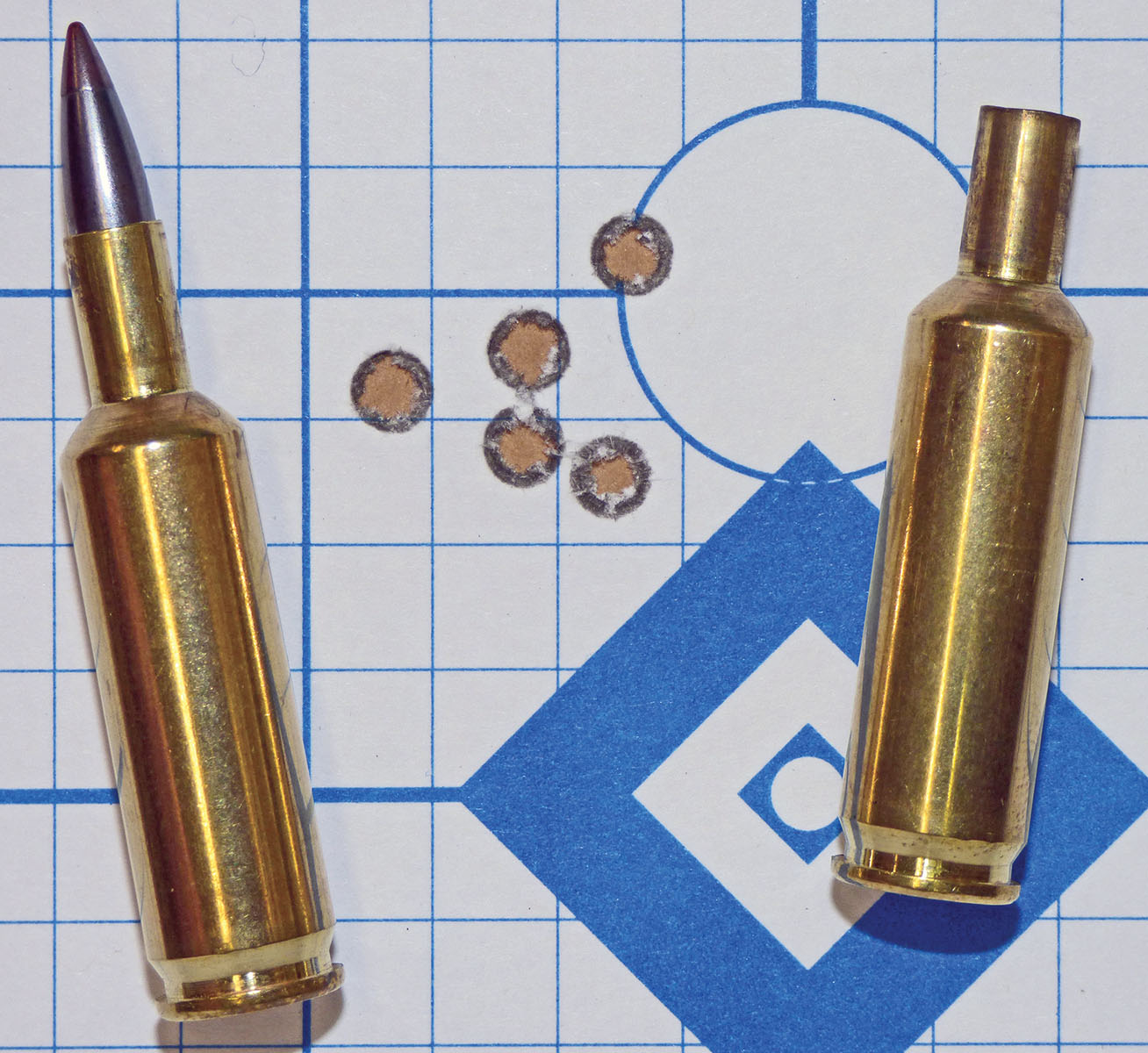 IMR-4166 provided this type of accuracy with 20.6 grains. Velocity was consistent though about 200 fps slower than other powders that were tried. H-322 proved to give the best balance with 25-grain bullets.