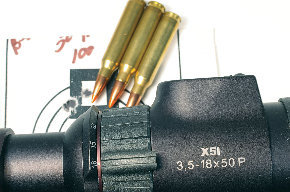 The X5(i) 3.5-18x 50mm P is dialed in at 100 yards with the Model 700 223 Remington rifle shooting Nosler 50-grain Ballistic Tip bullets.