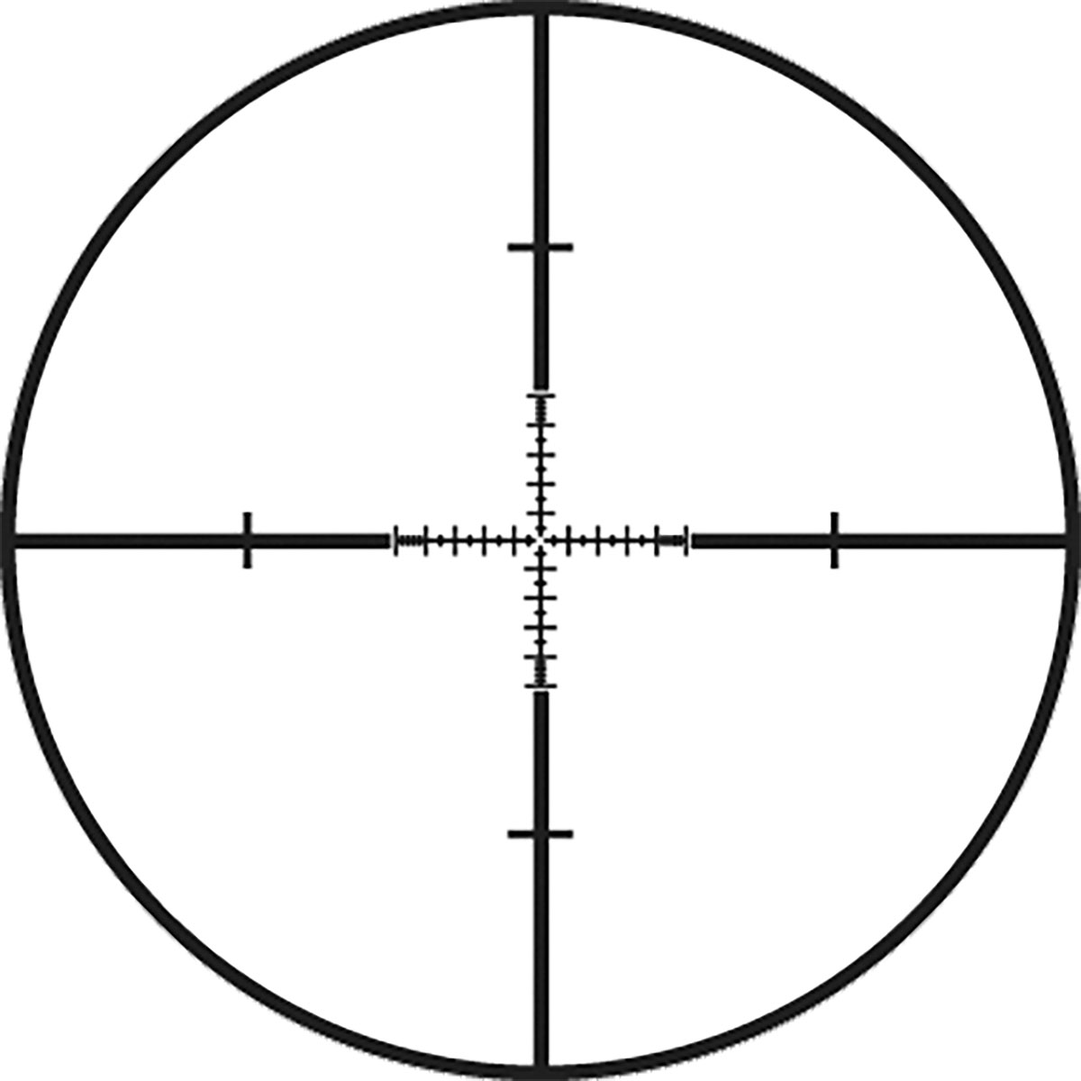 The Leupold TMR reticle expands on the MIL reticle design by using hash marks instead of dots. Hash marks are spaced .5 MIL apart, transitioning to .2 MIL spacing on the outer edge to provide aiming points to compensate for wind and bullet drop.