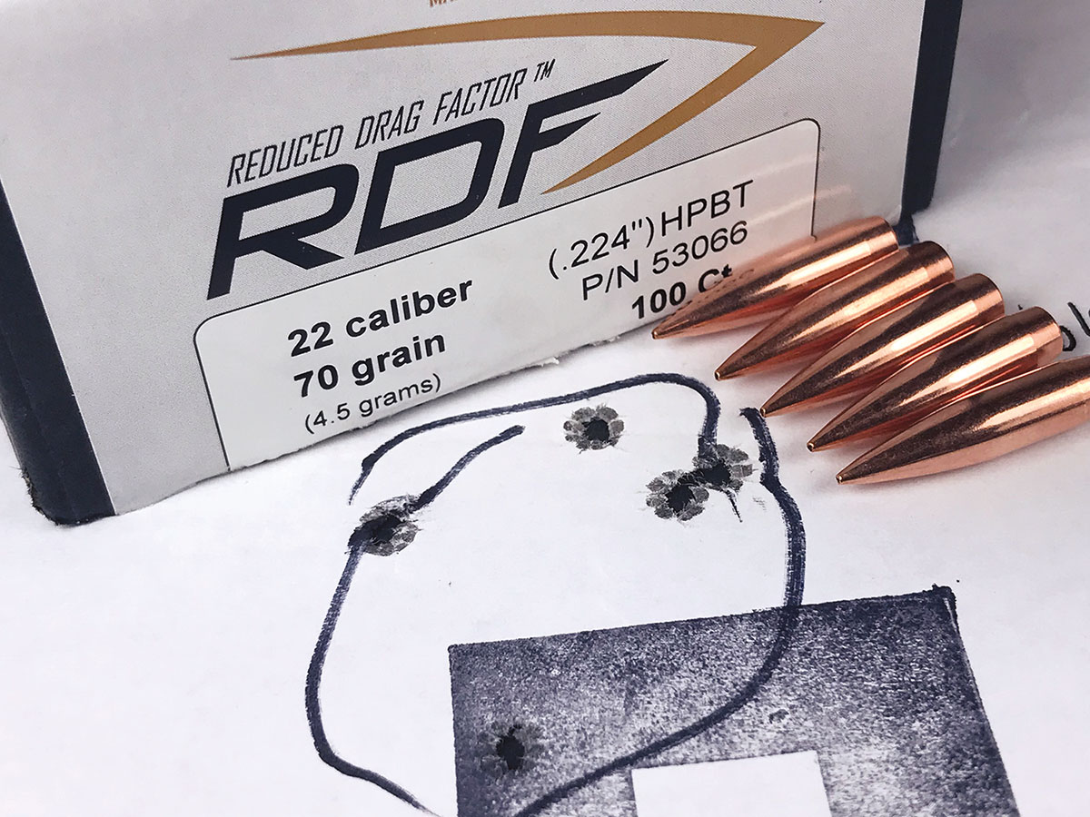 Handloaded Nosler 70-grain Reduced Drag Factor (RDF) bullets paired with Power Pro 2000-MR resulted in this group at 100 yards.