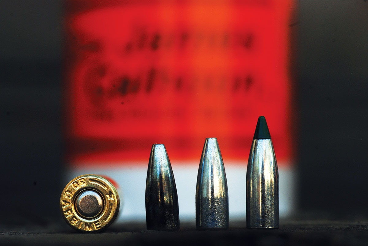 Testing the 19 Badger was restricted to three bullets supplied by Calhoon, including (left to right): the old 27-grain DBL HP, (recently replaced with a 28-grain bullet), the 32-grain DBL HP and the new Sierra 32-grain Calhoon Saber Tip.