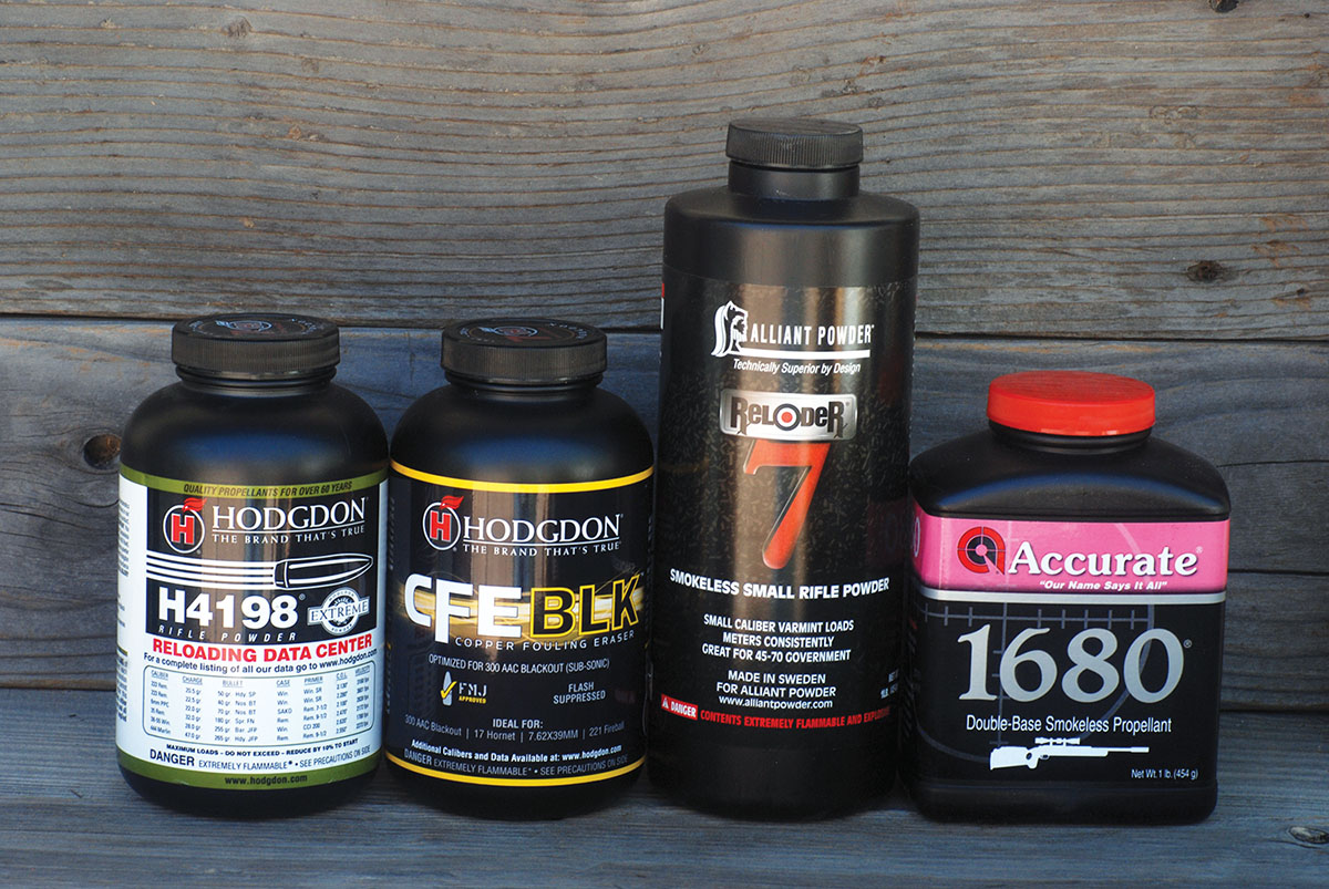 Four powders used to test the .19 Badger included Hodgdon H-4198 and CFE BLK, Reloder 7 and Accurate 1680. While A-1680 has been the go-to powder for this cartridge, CFE BLK may be the best for volume shooting because of its clean-burning and copper removing qualities.
