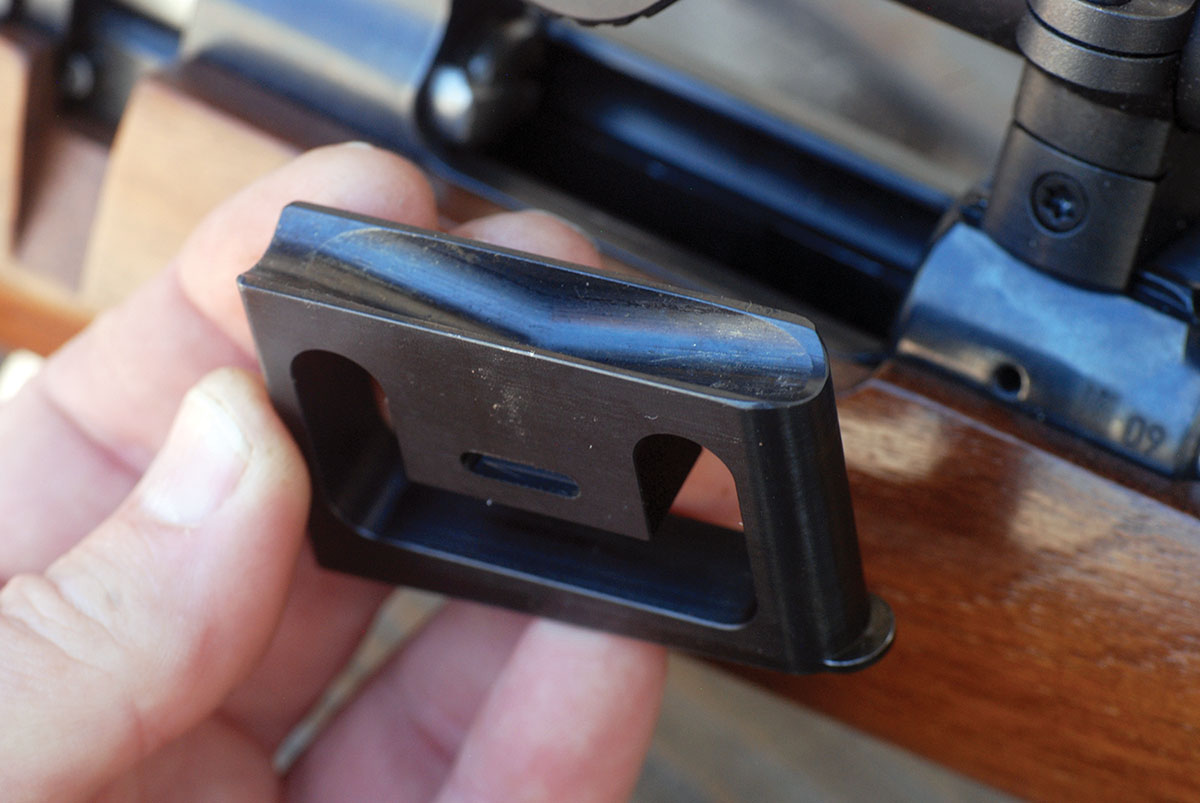 James Calhoon offers a replacement for the CZ 527 magazine that makes it a slick-feeding single shot, perfect for use off a portable shooting bench in a prairie dog town. Cosmetically, it does away with the magazine hanging down in front of the trigger guard.