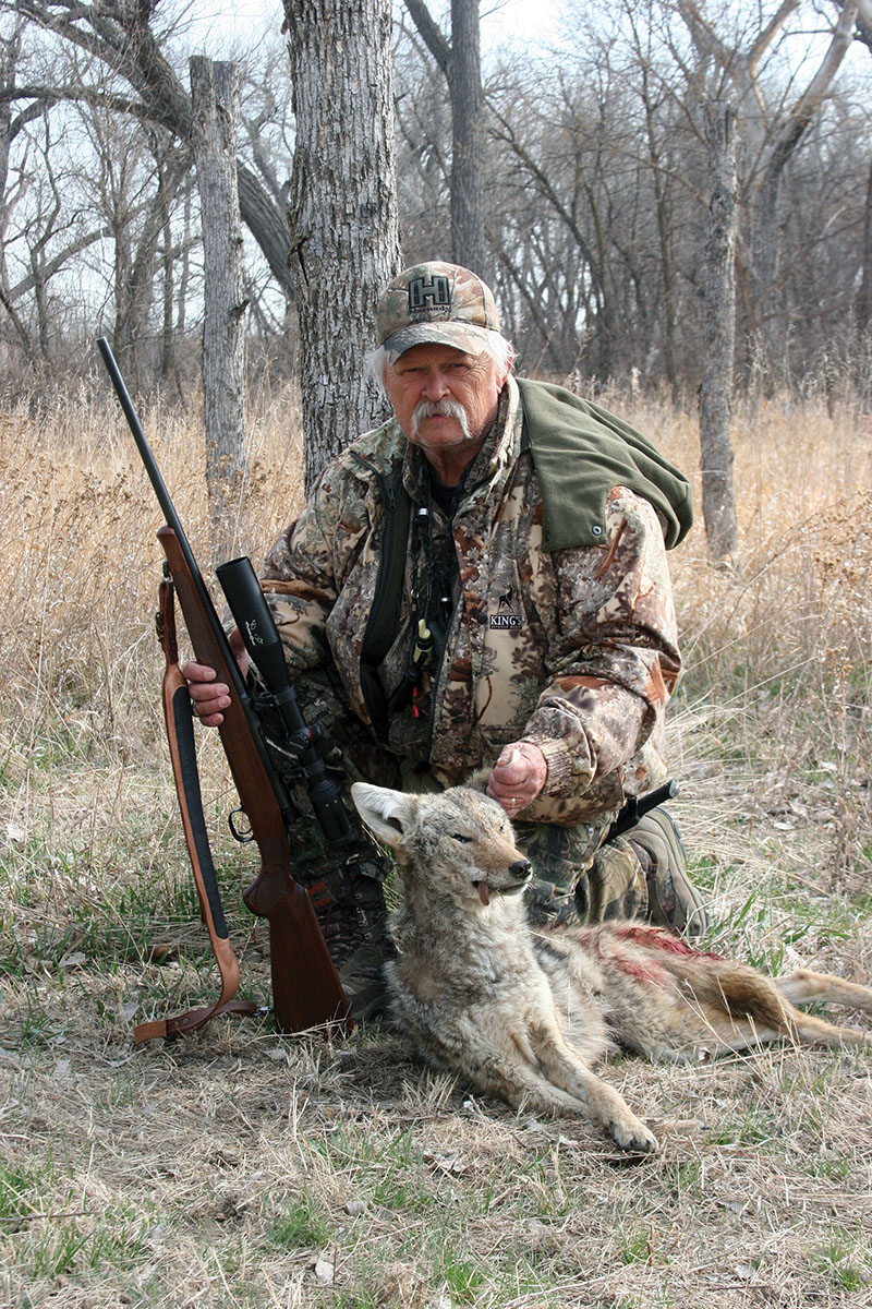 A 22-250 Remington and handloaded Hornady 55-grain V-MAX bullets were used to shoot this male coyote at 385 yards.