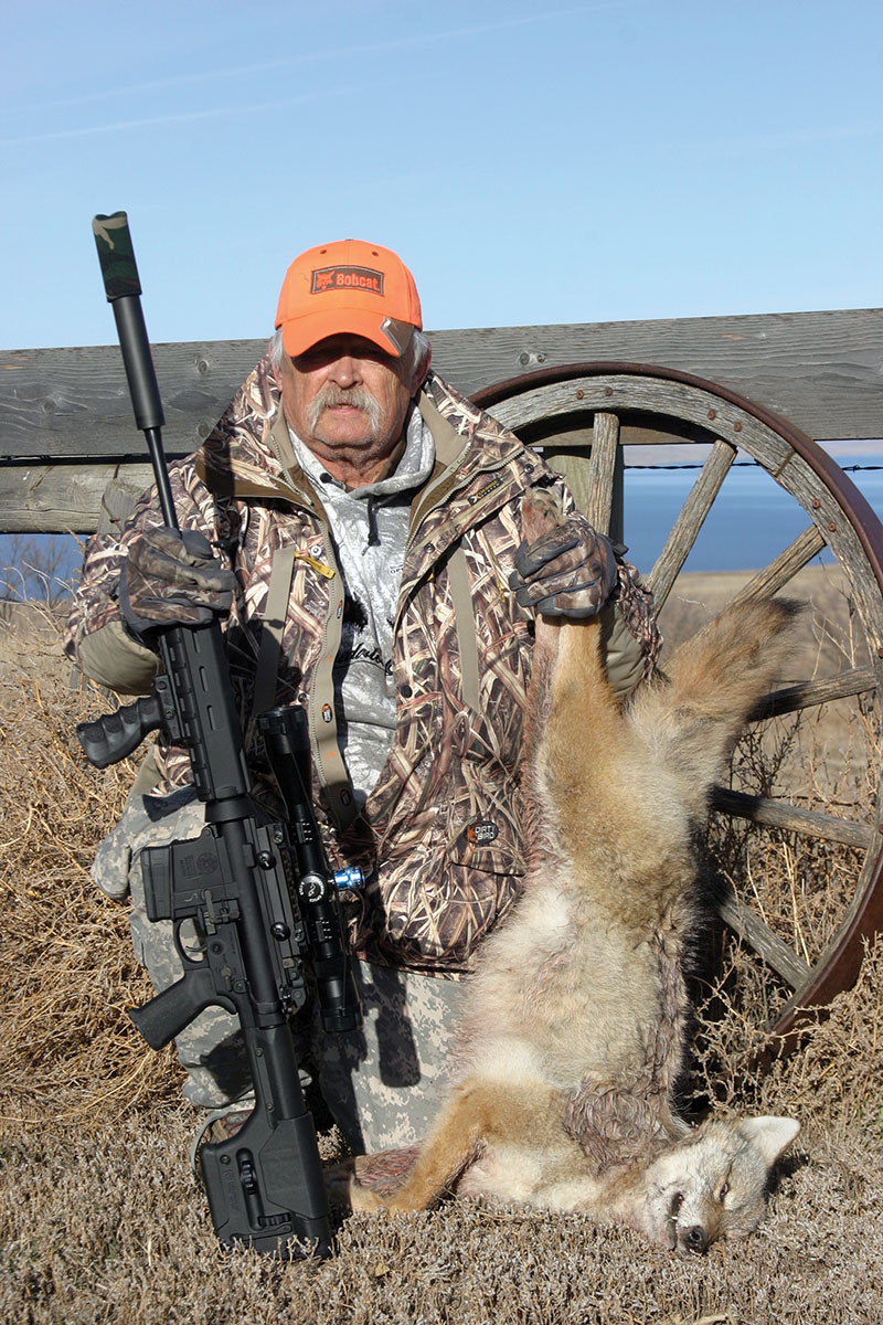 A deer season coyote shot with a Smith & Wesson M&P 10 .308 Winchester using Winchester 168-grain hollowpoints.
