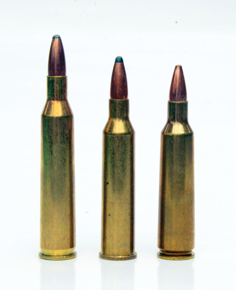 The .225 Winchester (center) is not as fast as the .220 Swift (left) it replaced or the .22-250 (right) that was largely responsible for its demise, but that does not prevent it from being a darned good varmint cartridge.