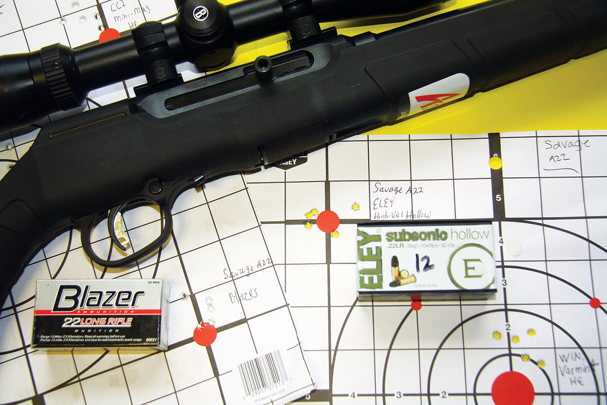 Savage’s A22 autoloading .22 LR proved reliable during testing, feeding a wide variety of ammunition without failure. A couple of its best groups were shot with Blazer and ELEY Subsonic Hollow loads.