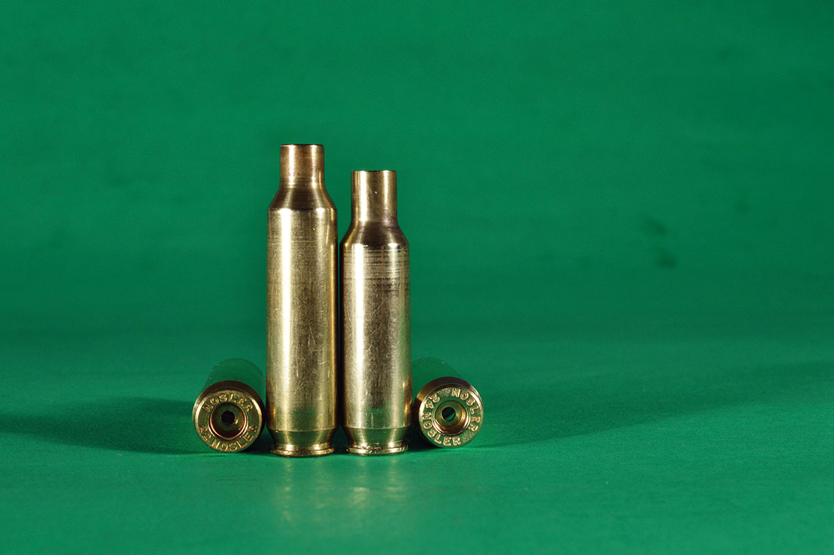 The 24 Nosler (right) was derived from the 22 Nosler.