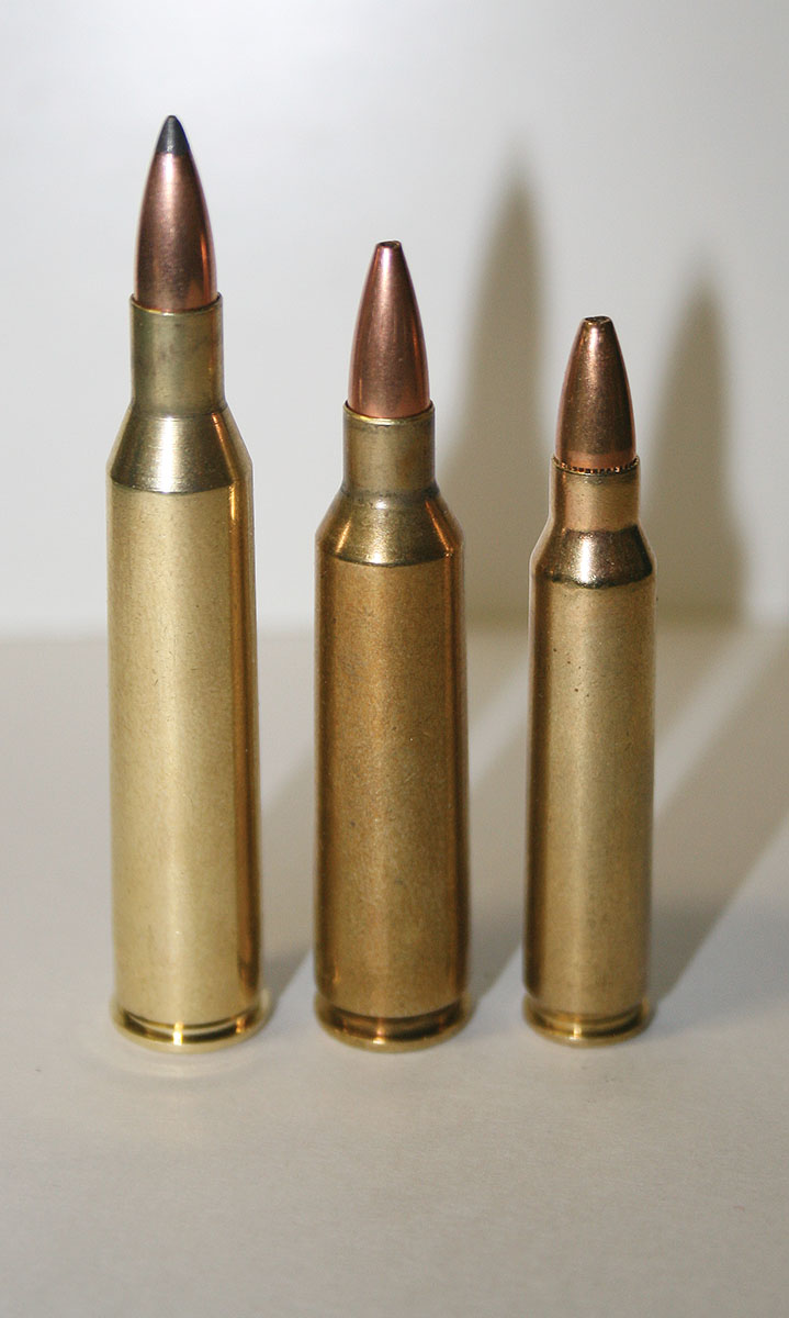 The 220 Swift (left) typically offers somewhat better downrange performance than the 22-250 Remington (center) in rifles. From a handgun with a 15-inch barrel, the Swift more closely approximates the 223 Remington (right) in a rifle.