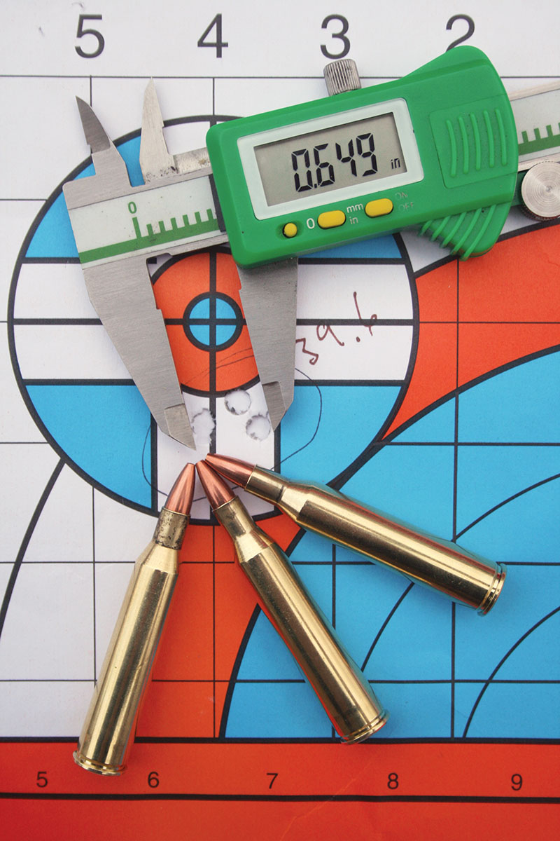 This .649-inch group (outside to outside) was made using Sierra 40-grain flatbase, hollowpoint bullets. It was the tightest of any combination.