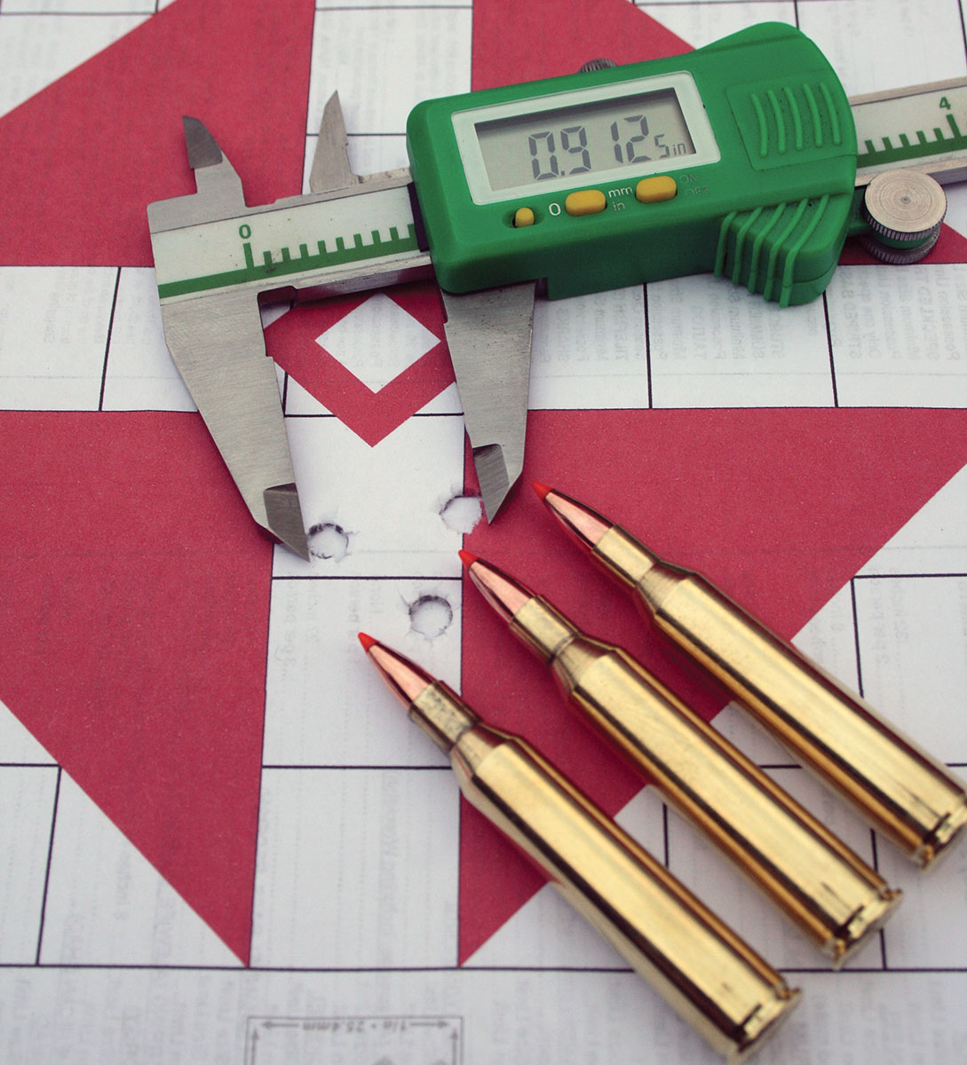 This 100-yard, three-shot group measuring .912 inch (outside to outside) was produced using Nosler 60-grain Ballistic Tip Varmint bullets.