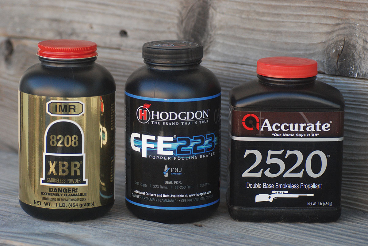 These three powders – IMR-8208 XBR, Hodgdon CFE 223 and Accurate 2520 – were the best performers with bullets from 55 to 75 grains, producing the highest velocities and best accuracy.