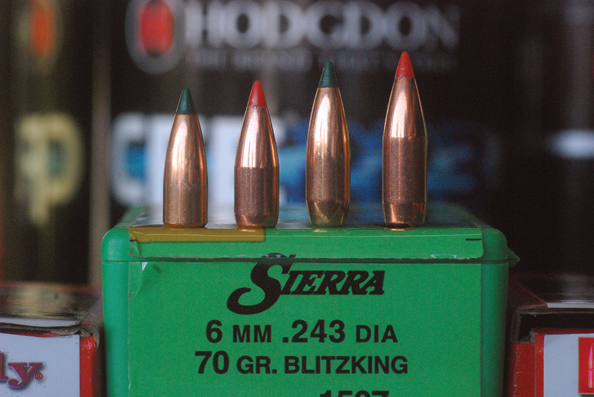Bullets on the light end of the spectrum tested in the 6mm Creedmoor included (left to right): the Sierra 55-grain BlitzKing, Hornady 58 V-MAX, Sierra 70 BlitzKing and the Hornady 75 V-MAX.