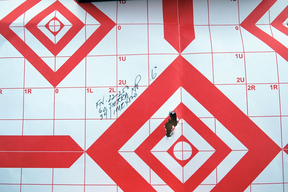 The FN Mauser’s 1:14 rifling twist was quite accurate with some bullets as depicted in this five-shot group. The load consisted of a Sierra 60-grain HP and 34 grains of IMR-4320 powder.