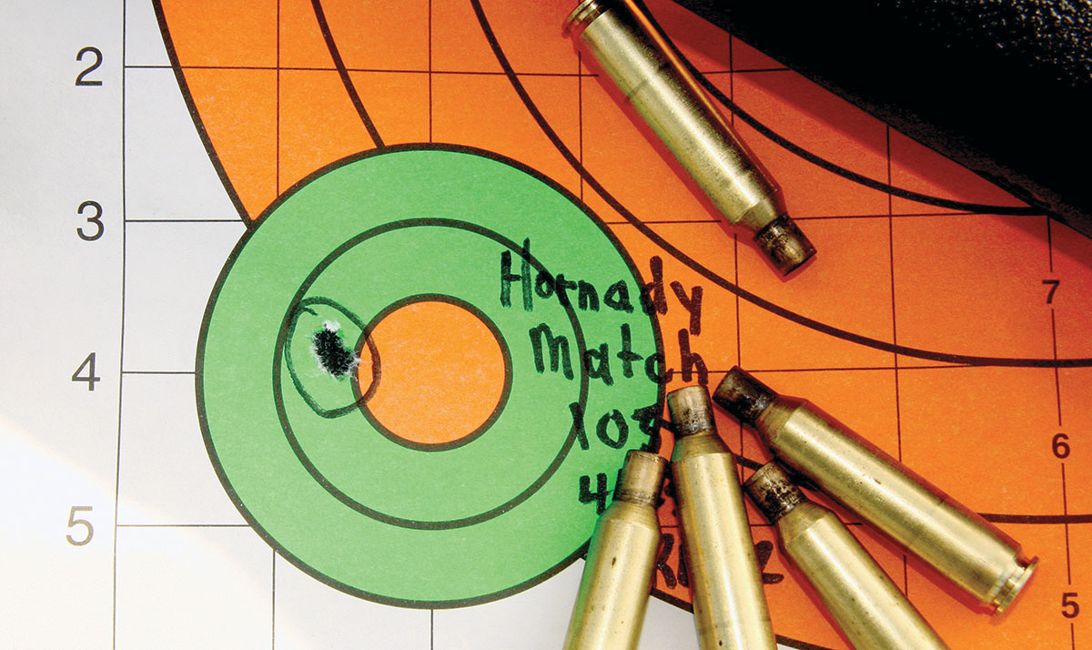 Seated over 45.5 to 46.5 grains of Alliant RL-22, Hornady’s 105-grain BTHP Match bullets provided the tightest groups of all bullets tested. RL-22 worked well with 95- to 107-grain bullets.