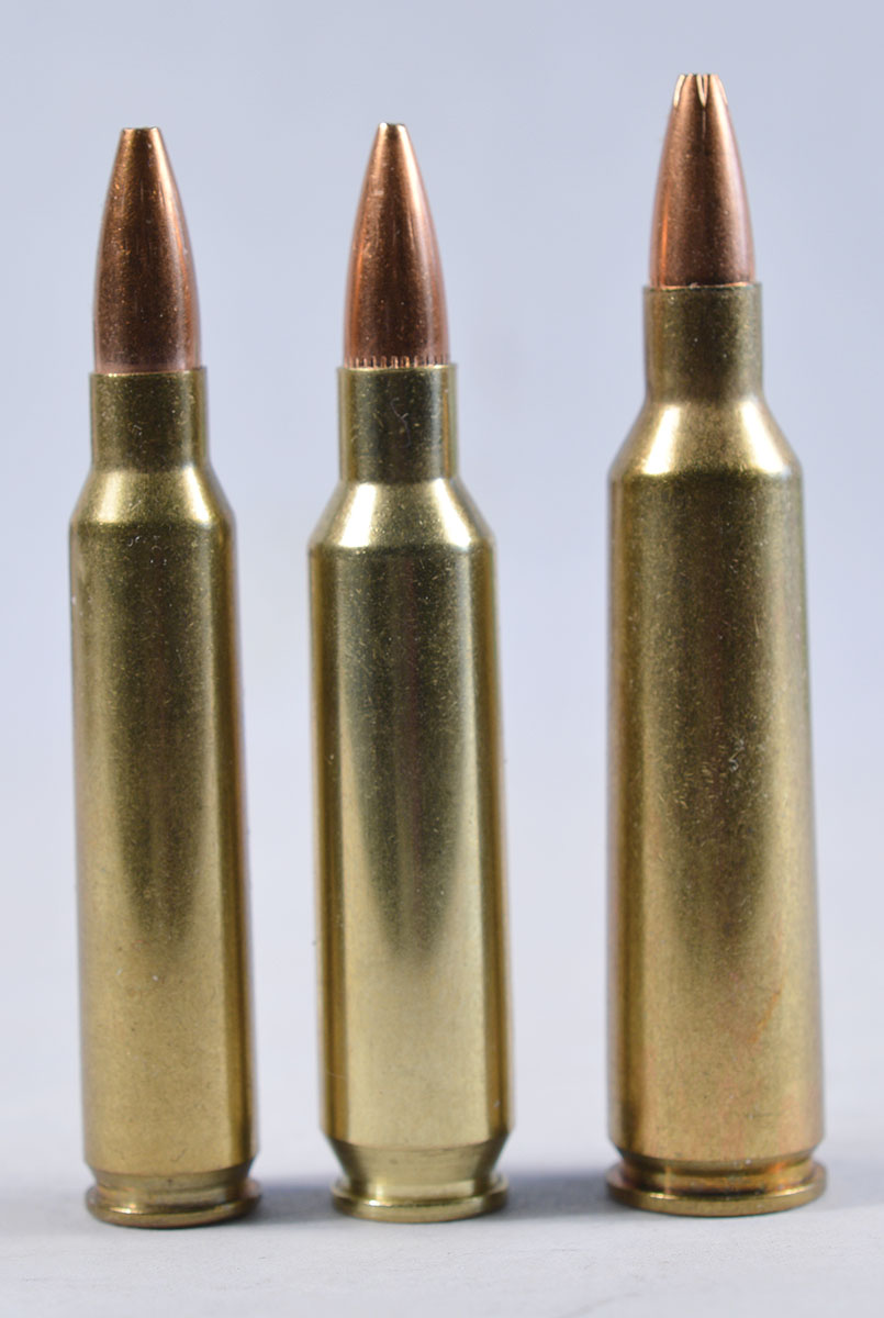 The 22 Nosler (center) is flanked by its competition, the 223 Remington (left) and the 22-250 Remington.