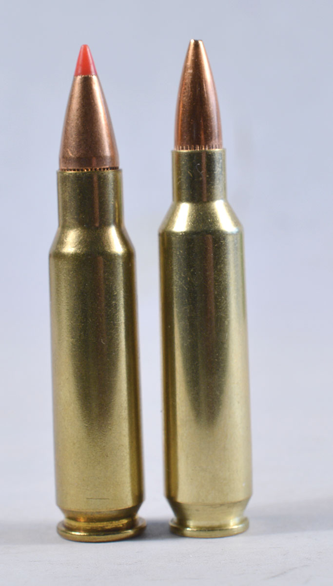 The 22 Nosler (right) cannot be made from the 6.8 Remington SPC case, as it is shorter, has a larger rim and, from some manufacturers, a large rifle primer pocket.