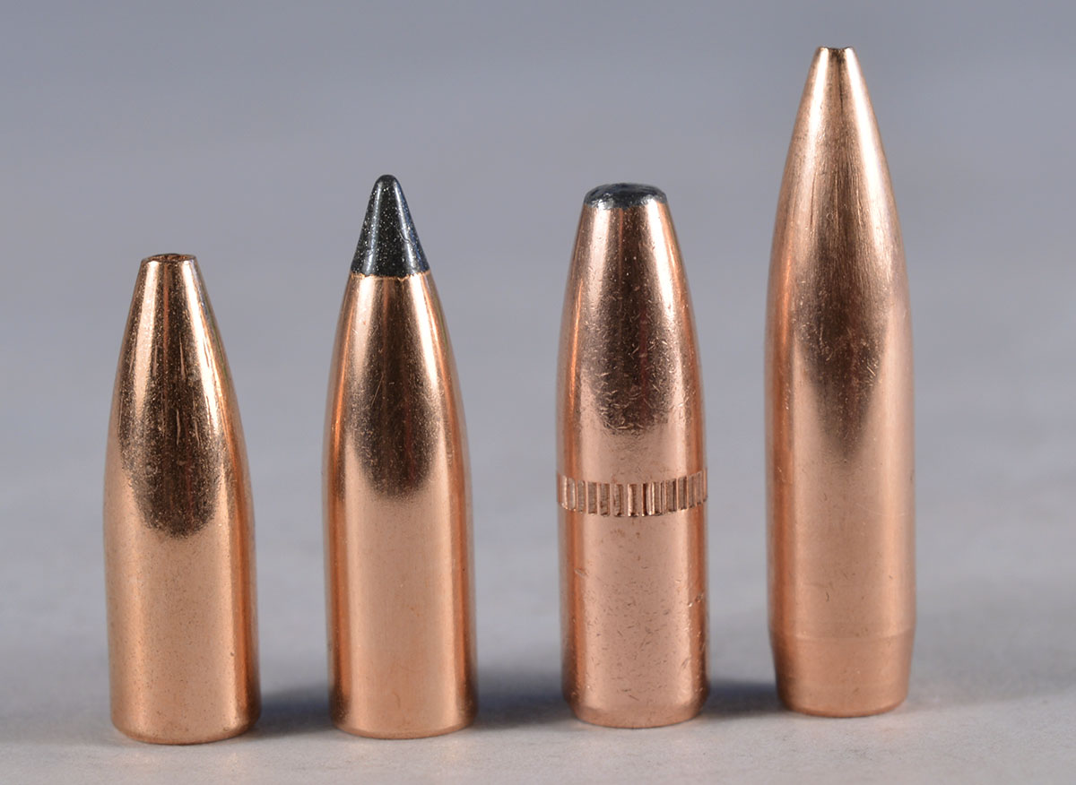 Bullets used in accompanying handloads include the (left to right): Barnes 50-grain Varmin-A-Tor, Nosler 55 Varmageddon, Nosler 64 Bonded Solid Base and Nosler 77 Custom Competition.