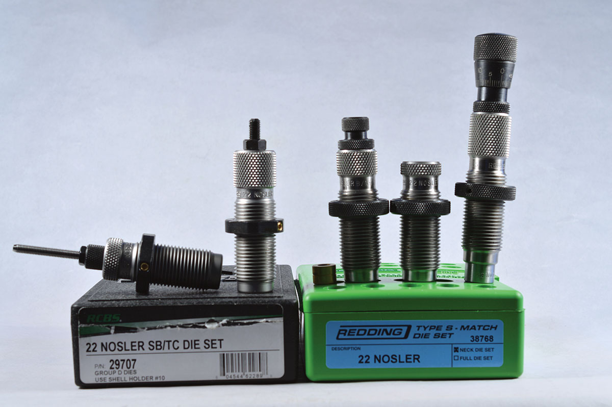 Reloading dies from RCBS and Redding were used to handload the 22 Nosler.