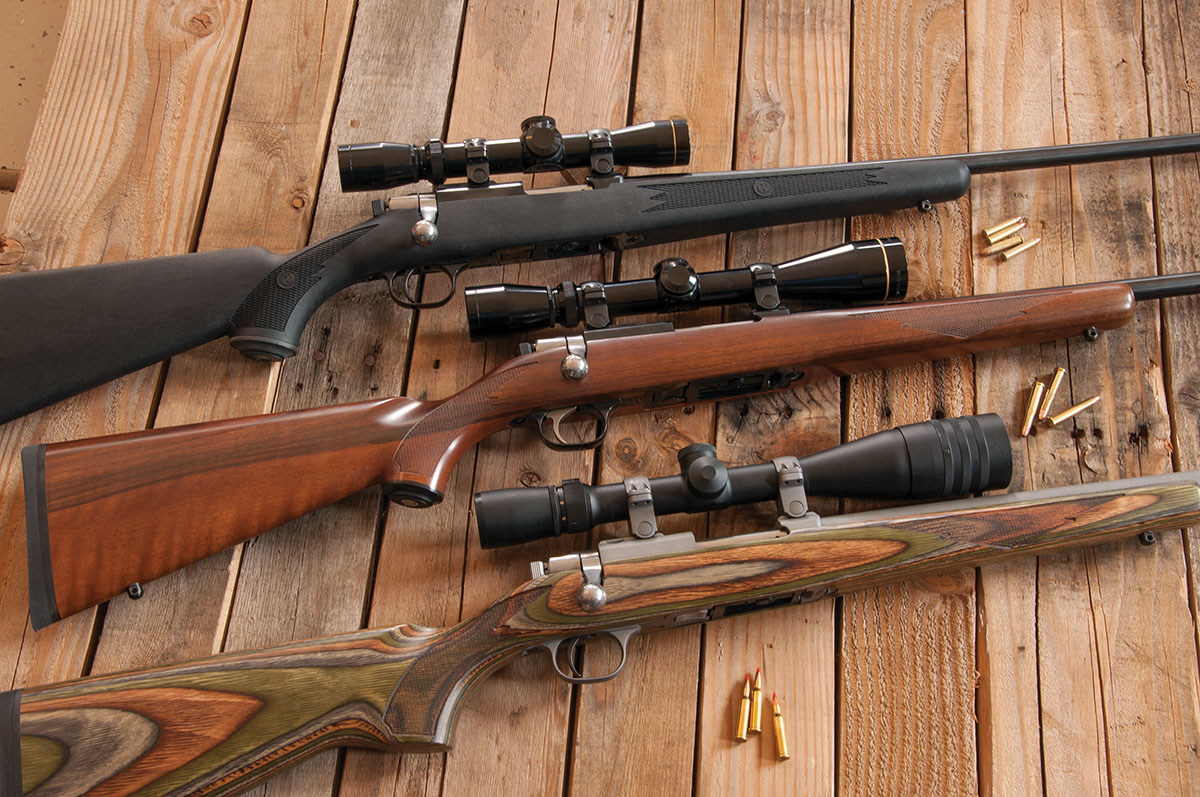 The Rifle Basix RU-R drop-in trigger on the (top) Ruger 77/22 22 Winchester Magnum Rimfire is tuned to 2 pounds, 11 ounces, and the same trigger on a 77/17 17 Hornet (bottom) has been adjusted to the same pull weight. The walnut-stocked 77/22 22 Hornet’s factory trigger has an average pull weight of 4 pounds, 10 ounces. Measured pull weights on other factory rifles in this series have been as high as 6 pounds, 9 ounces.