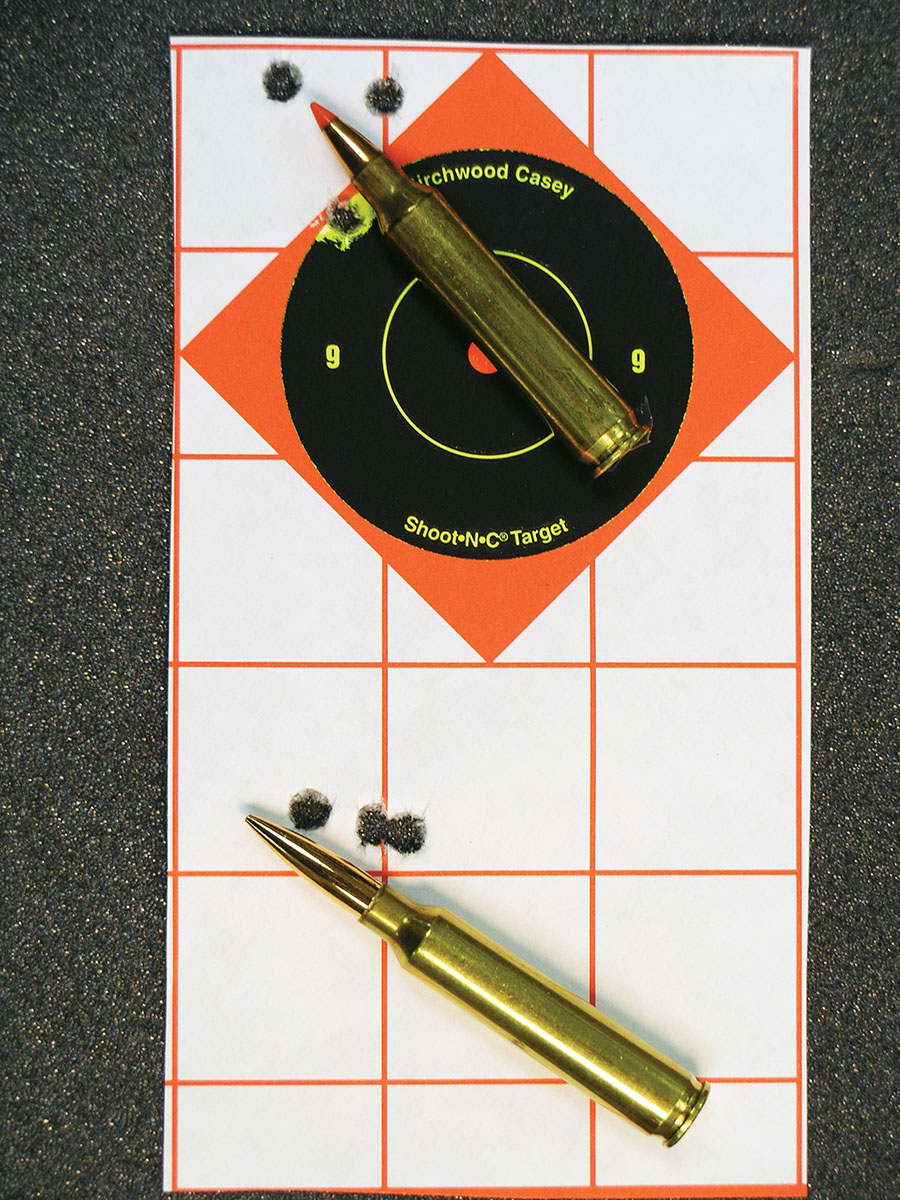 These three-shot, 100-yard groups were shot with a Remington 700 with a 1:9 twist barrel using factory Hornady 32-grain V-MAX ammunition (top), and a Berger 55-grain Long Range BT handloads.  Cartridge overall lengths are 2.246 and 2.550 inches, respectively.