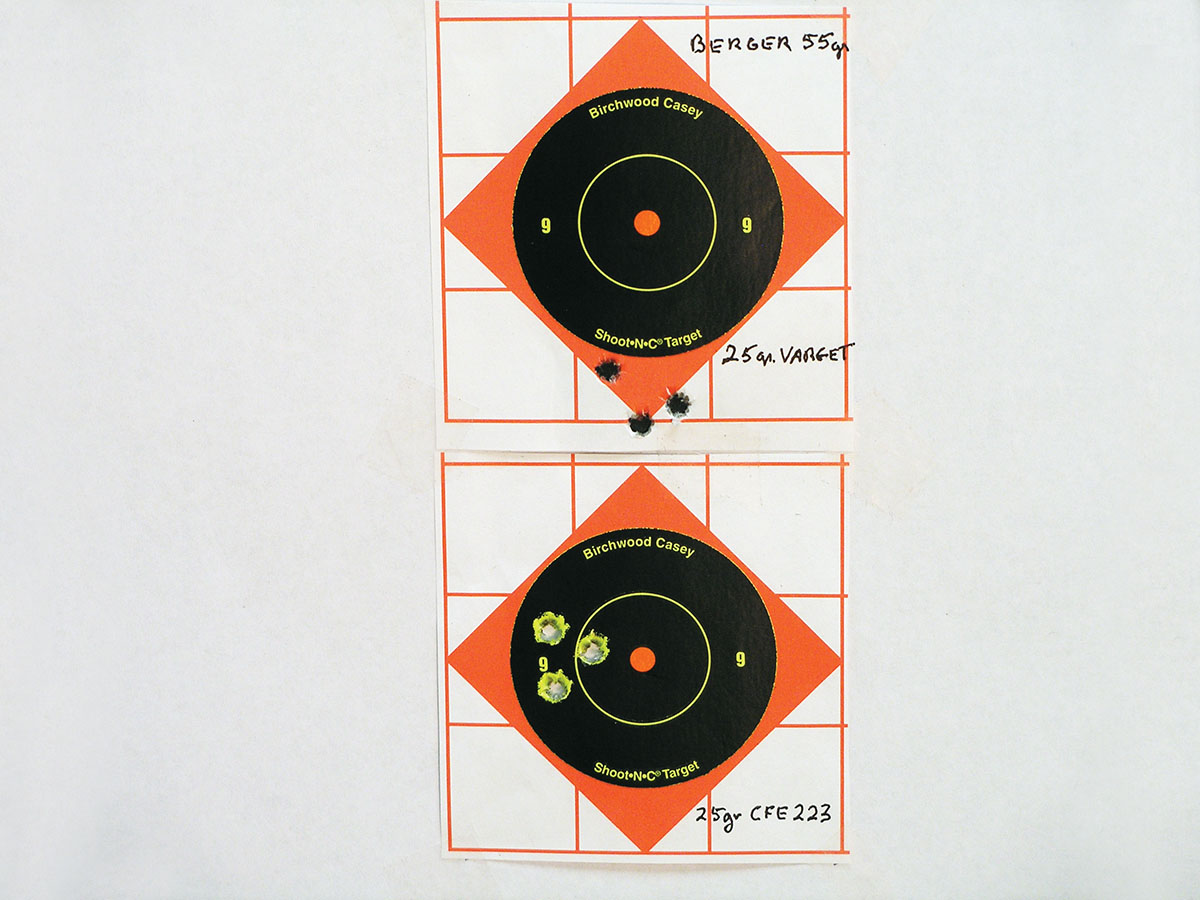 Berger high-ballistic coefficient, 55-grain Long Range BT Varmint bullets over 25.0 grains of Varget (top) or CFE 223 powder consistently produced 100-yard groups of less than .75 inch. These long bullets were seated to provide a cartridge overall length of 2.550 inches to minimize both pressure and “jump” to the lands.