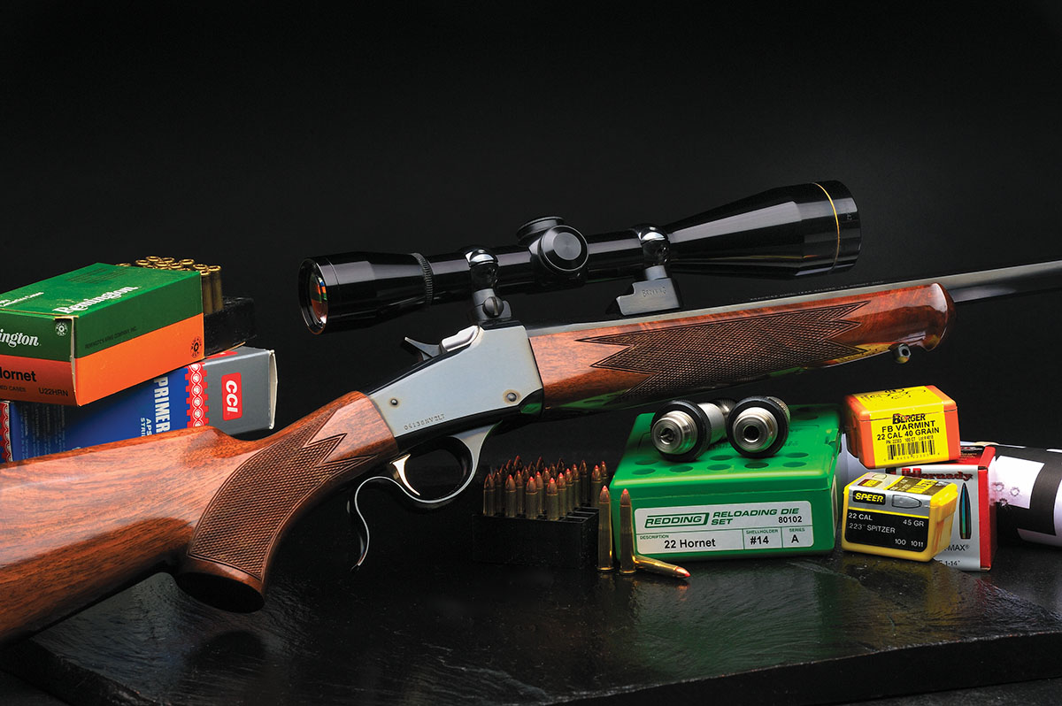 Browning’s 1885 Low Wall rifle was used to test the 22 Hornet handloads.
