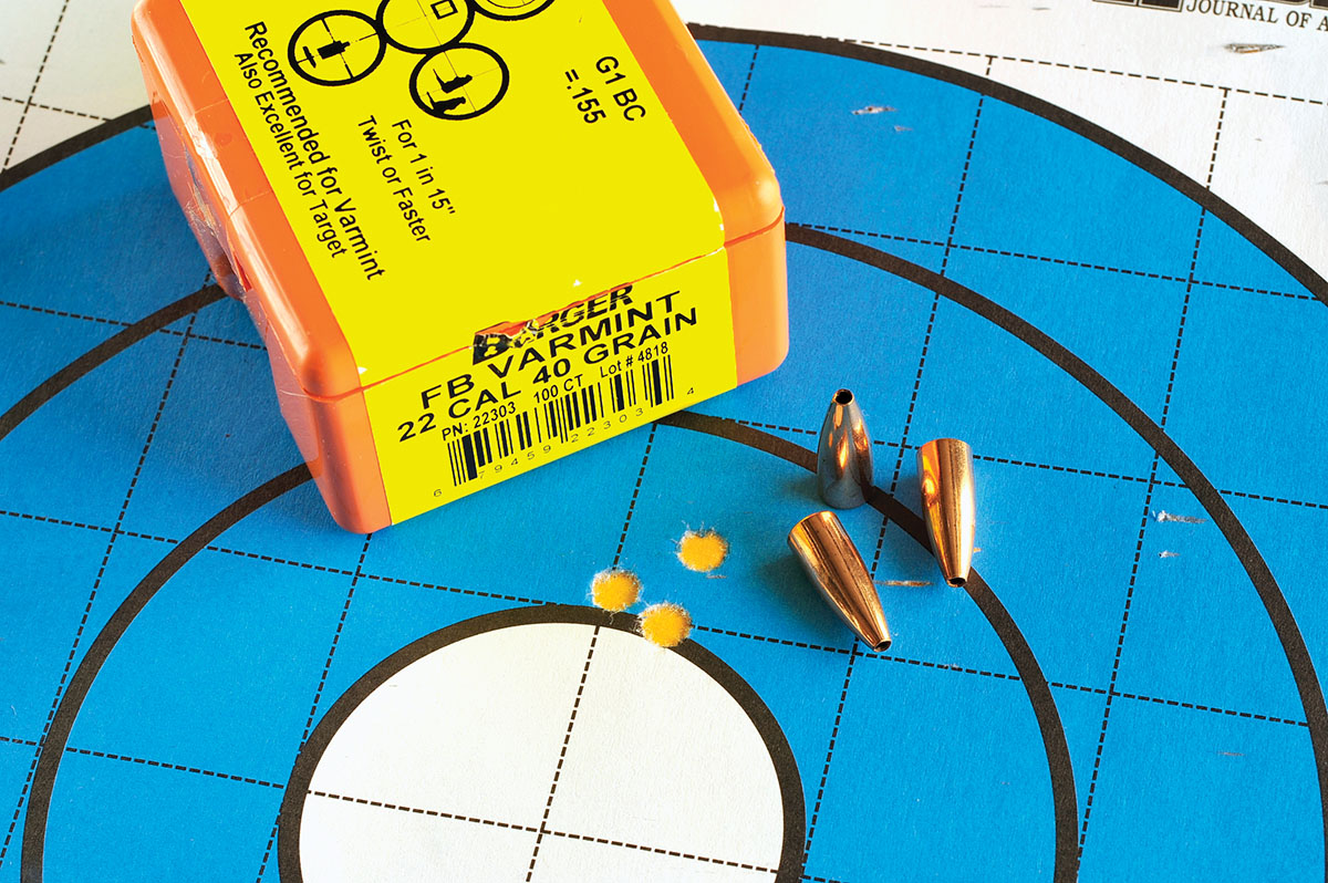 Berger 40-grain Varmint bullets with 12.5 grains of Hodgdon LiL’Gun combined for a group measuring .385 inch.