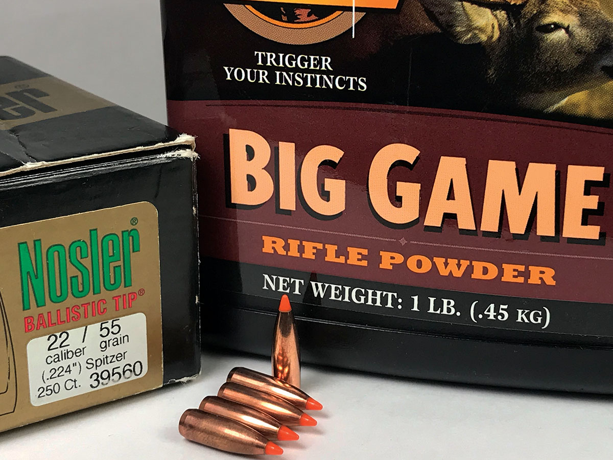 Nosler 55-grain Ballistic Tip bullets and Big Game powder made an accurate pair in the Cooper Model 22R Raptor.
