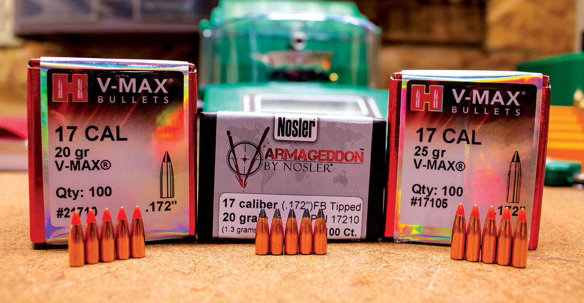 There are a few bullet choices for .17-caliber rifles. Phillip tested the Hornady 20- and 25-grain V-MAX and the Nosler 20-grain Varmageddon.