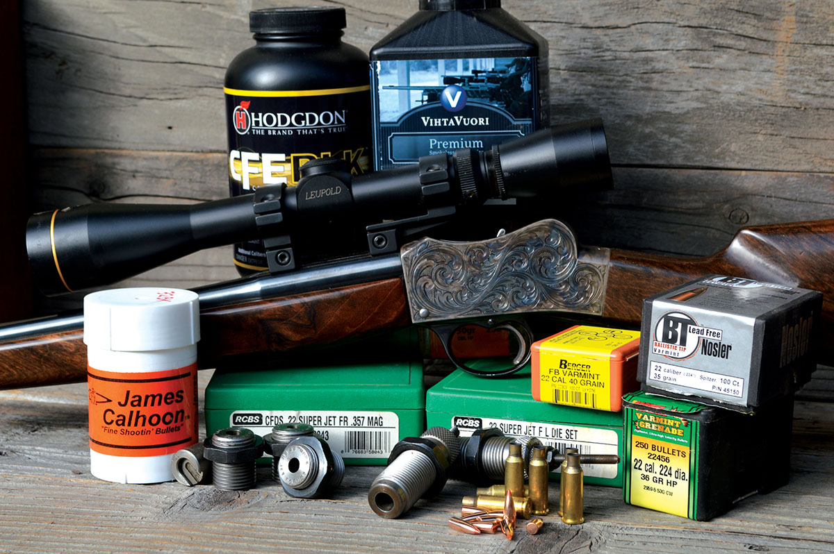 A wide range of bullet options are available for the 22 Super Jet, but powders in the correct burning range are more limited, with Hodgdon CFE BLK and Vihtavuori N110 about perfect. Form die sets which squeeze 357 Magnum brass to correct dimensions are available from RCBS.